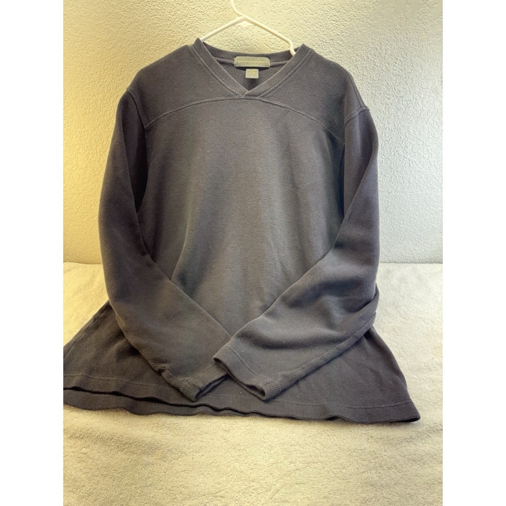 Banana Republic Mens Large V Neck Cotton Knit Sweater Gray Charcoal Pullover